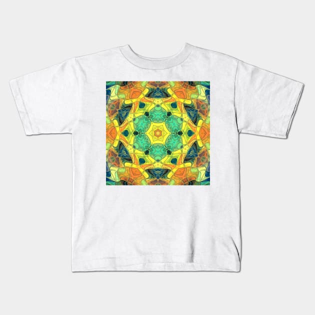 Mosaic Mandala Flower Green Yellow Orange and Blue Kids T-Shirt by WormholeOrbital